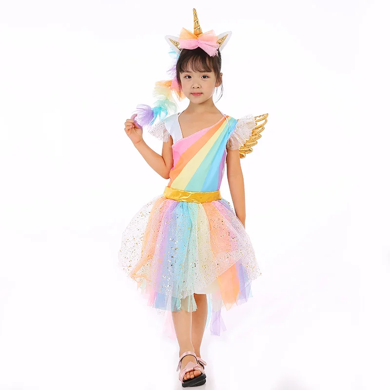 DKDGNY Kids Rainbow Unicorn Dress Girls Cosplay Costume Children Princess Dresses Hair Hoop Wing Set Halloween Party Tutu | Детская