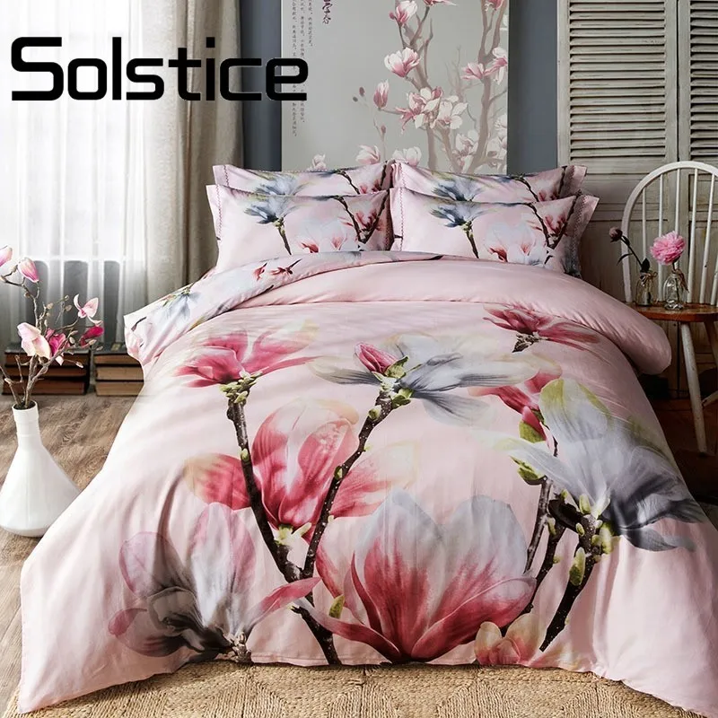 Solstice Home Static Color Ink 3D Style Flowers Pink Duvet Cover 2018 New Soft Cotton Bedlinens Flat Sheet Pillow Cases 30 | Дом и сад
