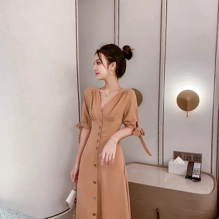 2019 new French retro single-breasted waist V-neck slim dress | Женская одежда