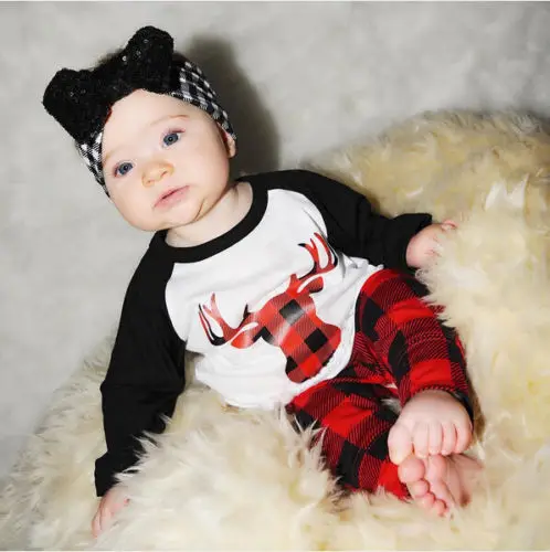 2019 Baby Boy Girl Clothes Set 2PC baby Deer Top T-shirt Red Plaid Pant Outfit k Giyim Tracksuit | Детская одежда и обувь