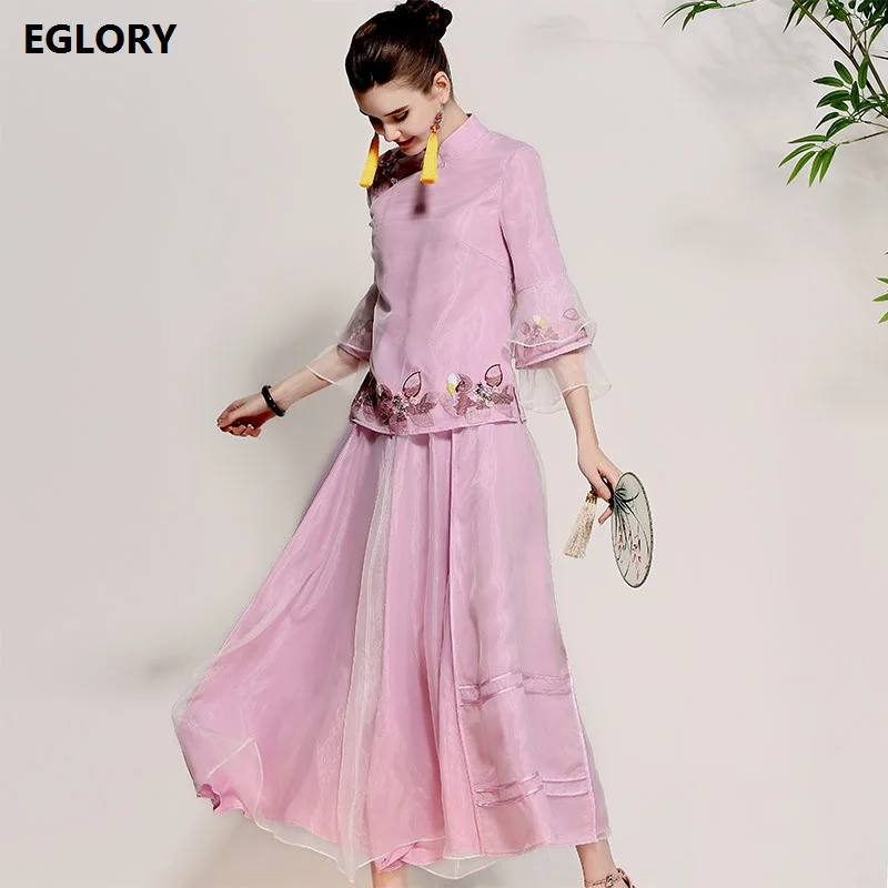 Новый бренд Китайский Стиль Для женщин Туника органза Вышивка Винтаж Блузка + до