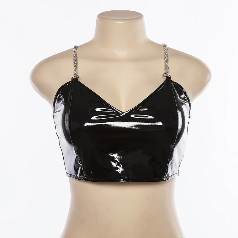 Модные женские туфли Черный Яркий ПУ кожа Растениеводство Топ Bralette v-образным вырезом ремешок-цепочка спинки Тонкий клуб вечерние пикантные майка - Цвет: black