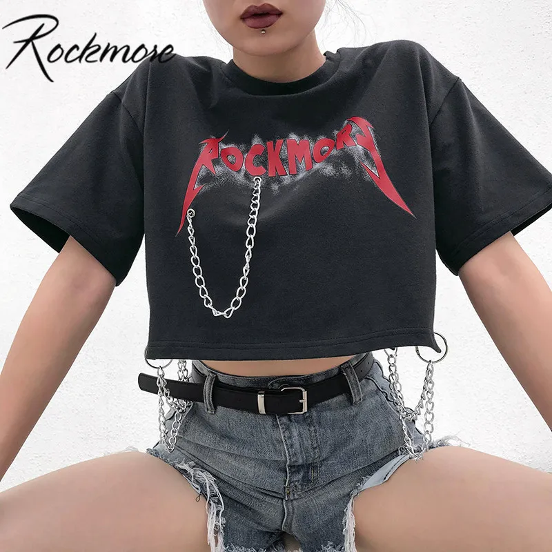 Rockmore серая свободная хлопковая Футболка с цепочкой для женщин с коротким рукавом Повседневная модная футболка с буквенным принтом женская летняя футболка для девочек
