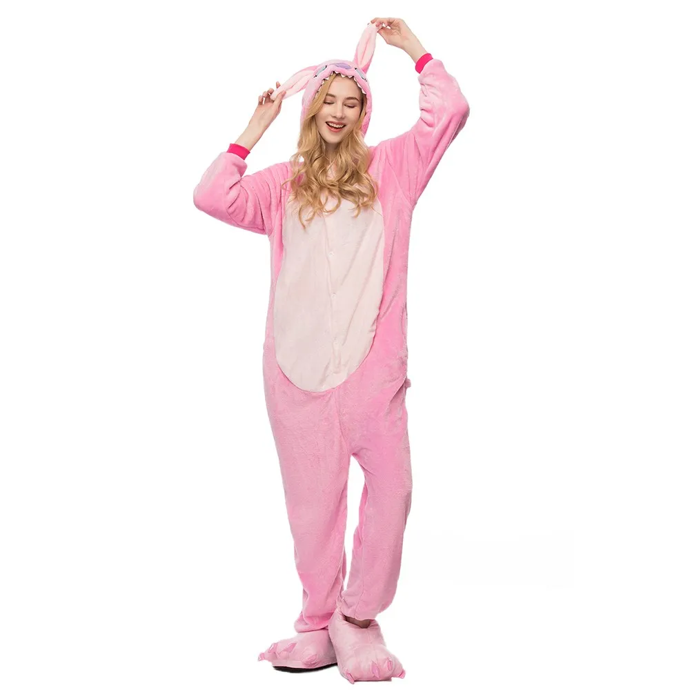 mc0492 pink stich Осень, унисекс, пижамы с животными для взрослых, аниме, комбинезон, Ститч, единорог, панда, медведь, фланелевая, милая, теплая, косплей, одежда для сна - Цвет: mc0492 pink stich
