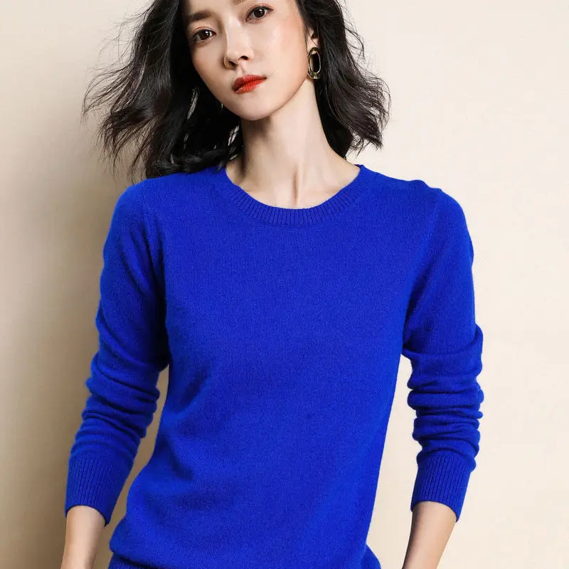 Royal Blue MERRILAMB, высокое качество, вязаные свитера для женщин, Повседневный, круглый вырез, тонкий свитер, женский, мягкий, однотонный, длинный рукав, вязаный пуловер - Цвет: Royal Blue