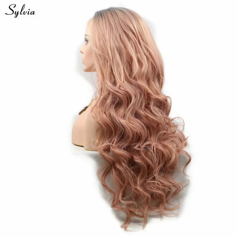 Sylvia Synthetic Wigs Lace Front Glueless Heat Resistant Fiber Brown Ombre Rose Gold Natural Hairline Long Soft Body Wave | Шиньоны и