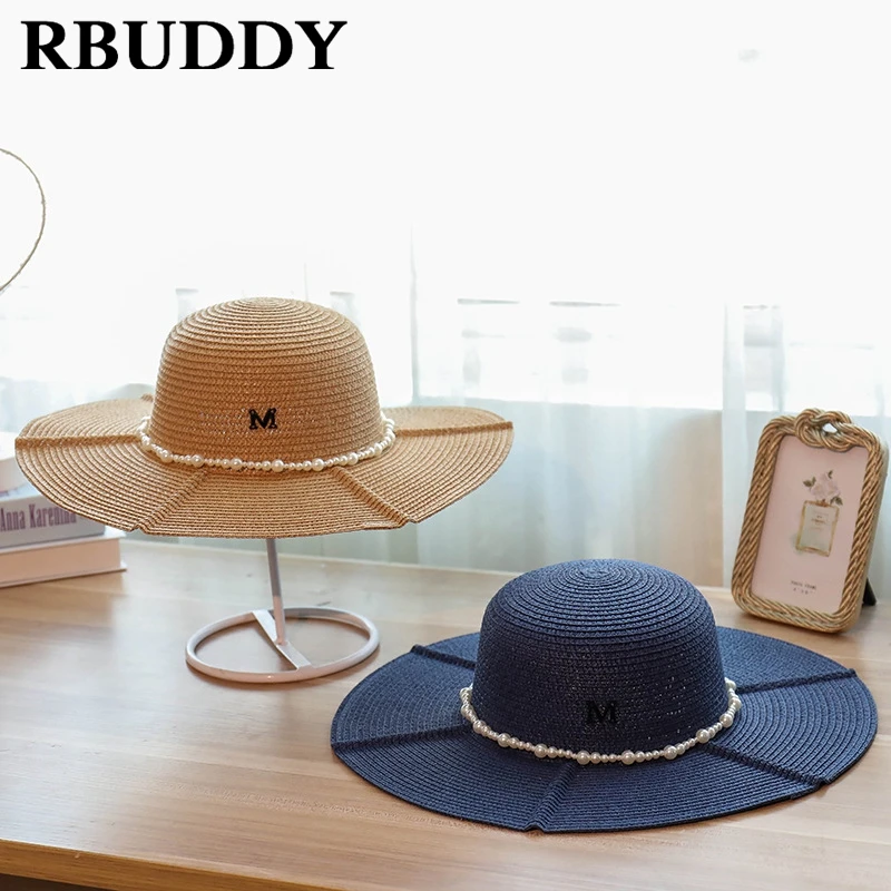 Rbuddy летние соломенные Для женщин солнца Шапки широкими полями букву м жемчужина