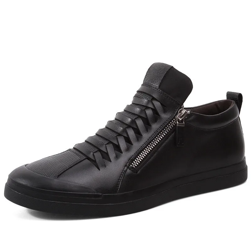 Мужские черные кожаные кроссовки с хлопковой подкладкой без застежки модная