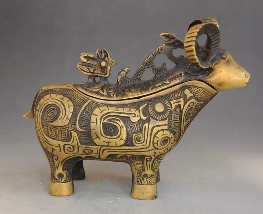 chinese old pure copper hand-carve sheep statue incense burner statues