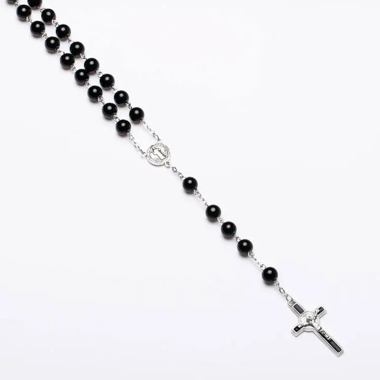 Ожерелье с черными стеклянными бусинами католическая четка крестообразная