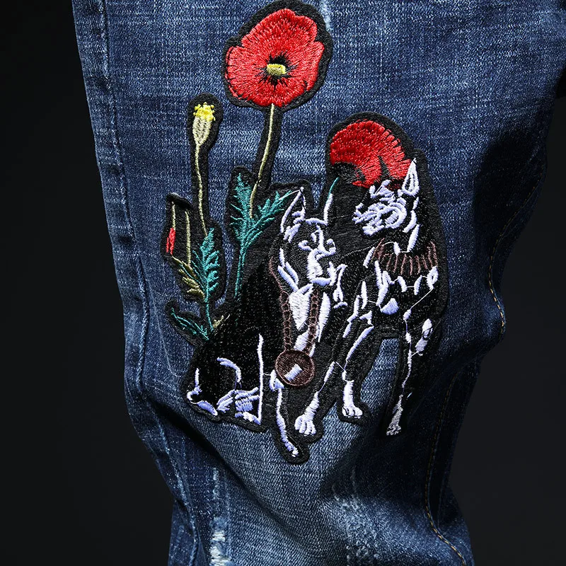 

New Spring Summer Knee Hole Embroidery Mens Jeans Hip Hop High Street Denim Skinny Jeans Men Casual Ankle Length Pants