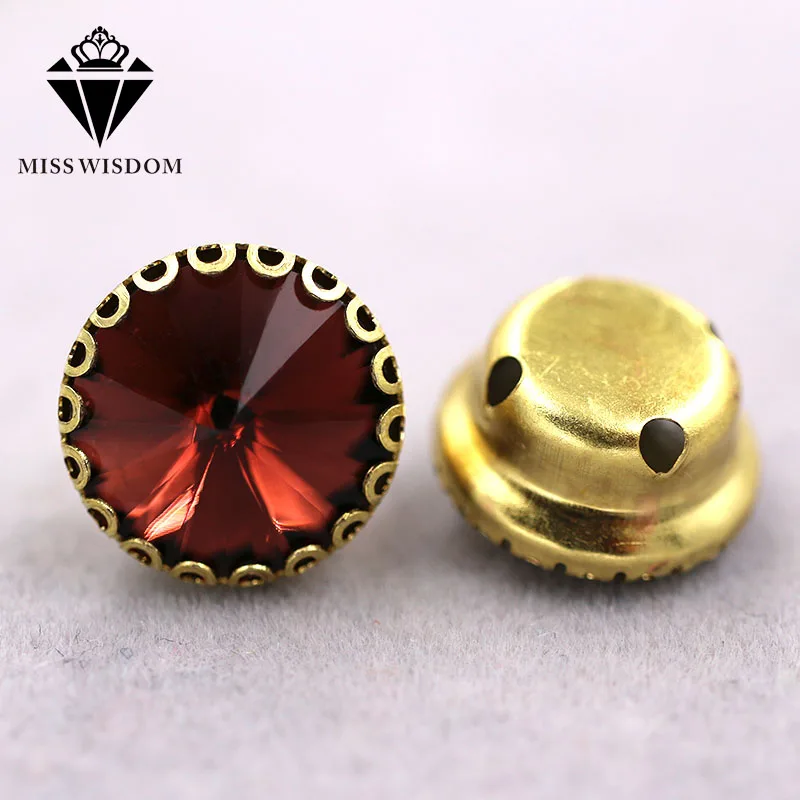 

New arrival Wine Red Round shape glass crystal sew on rhinestones gold base lacy claw rhinestone strass Diy clothing accessories