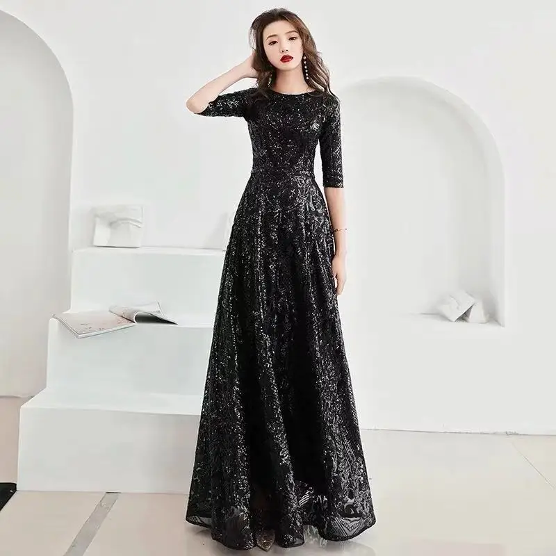 Женское вечернее платье-трапеция, черное блестящее платье с круглым вырезом и коротким рукавом, винтажное длинное вечернее платье в пол, E091