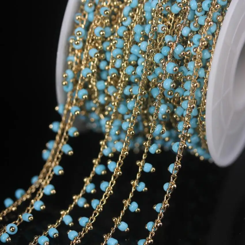 Cadena de cristal azul turquesas para mujer, cadena de alambre envuelto en alambre de latón dorado plateado, cuentas redondas para suéter, joyería, 5 metros/lote