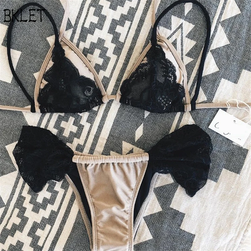 

Women Sexy Micro Bikini 2018 Woman Low Waist Swimsuit Bandage Lace Stitching Beach Swimming Patchwork Bikini Set Black
