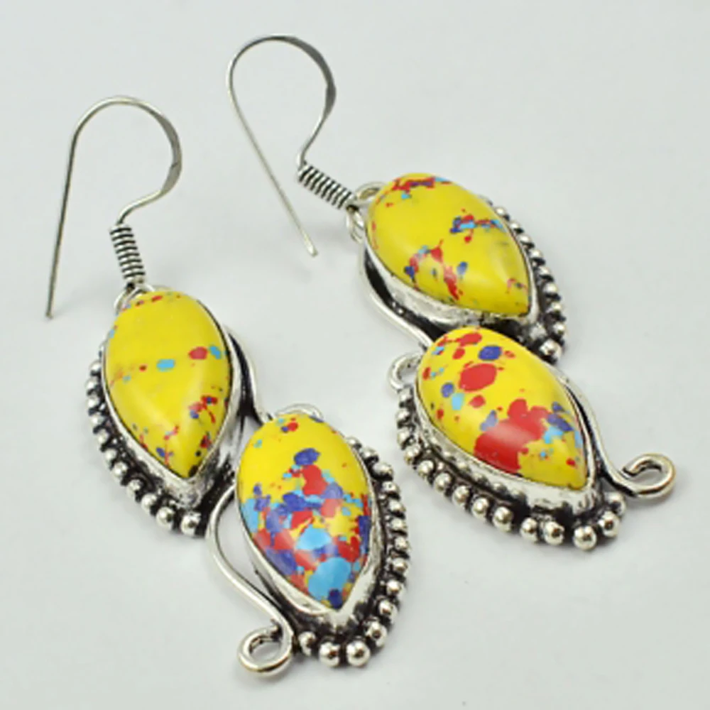 

Mosaic Jaspers Earrings Silver Overlay over Copper, Total Length 60mm , E2870