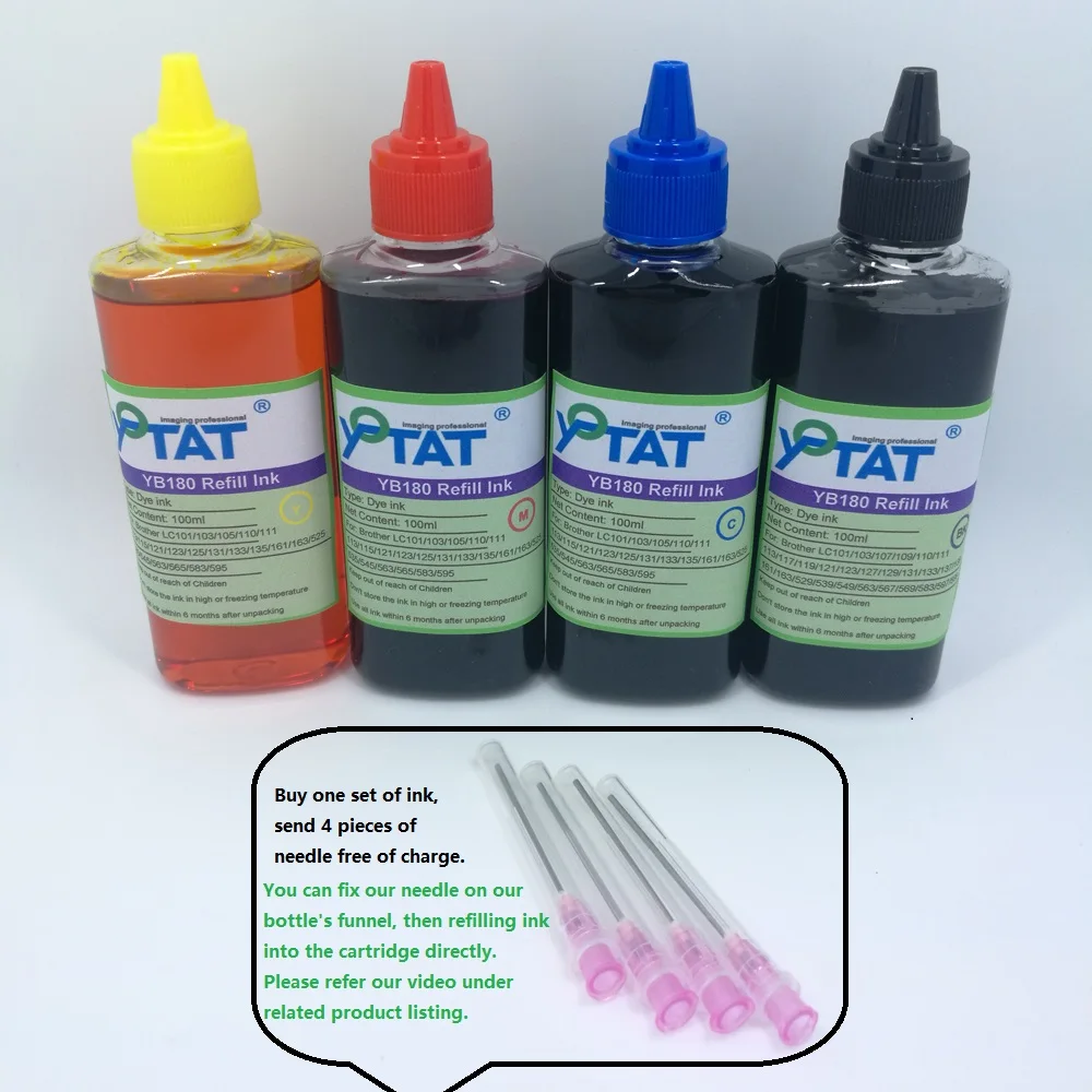 

YOTAT 4*100ml BK/C/M/Y Dye ink refill kit for Brother LC529 LC525 LC539 LC535 LC549 LC545 ink cartridge or CISS