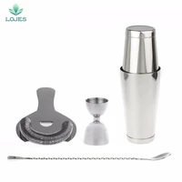 stainless steel cocktail shaker bar set 4pcs with measuring jigger and mixing spoon tin on tin cocktail shaker ice strainer