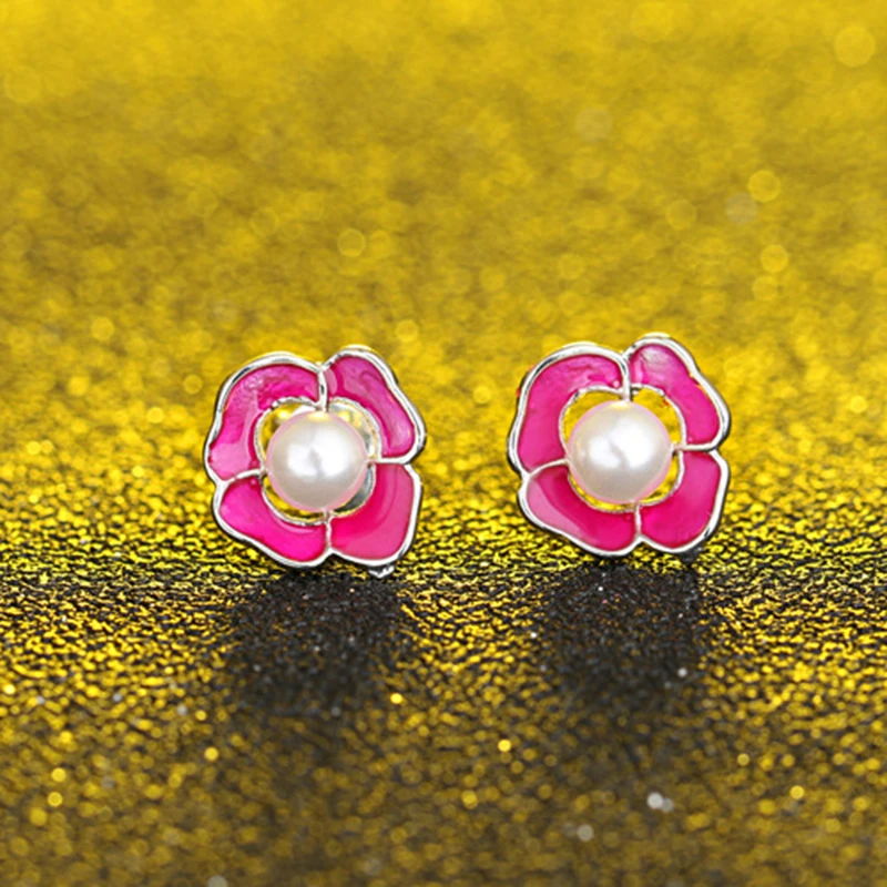 

XIYANIKE 925 SilverSweet Pink Flower Stud Earring Cute Enamel Stud Earrings For Women Wedding Jewelry New