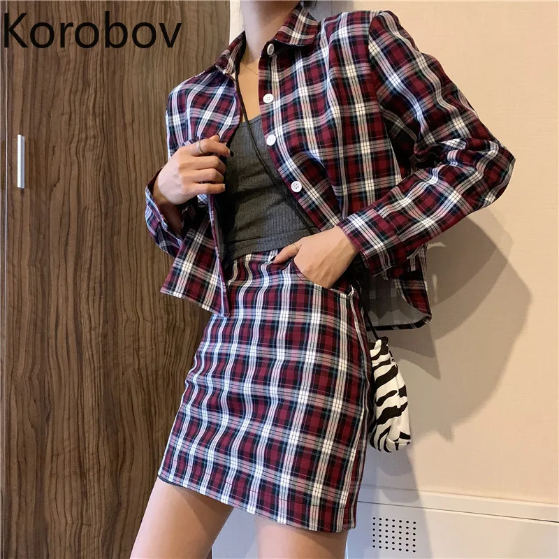 Korobov клетчатые женские комплекты с отложным воротником однобортный корейский