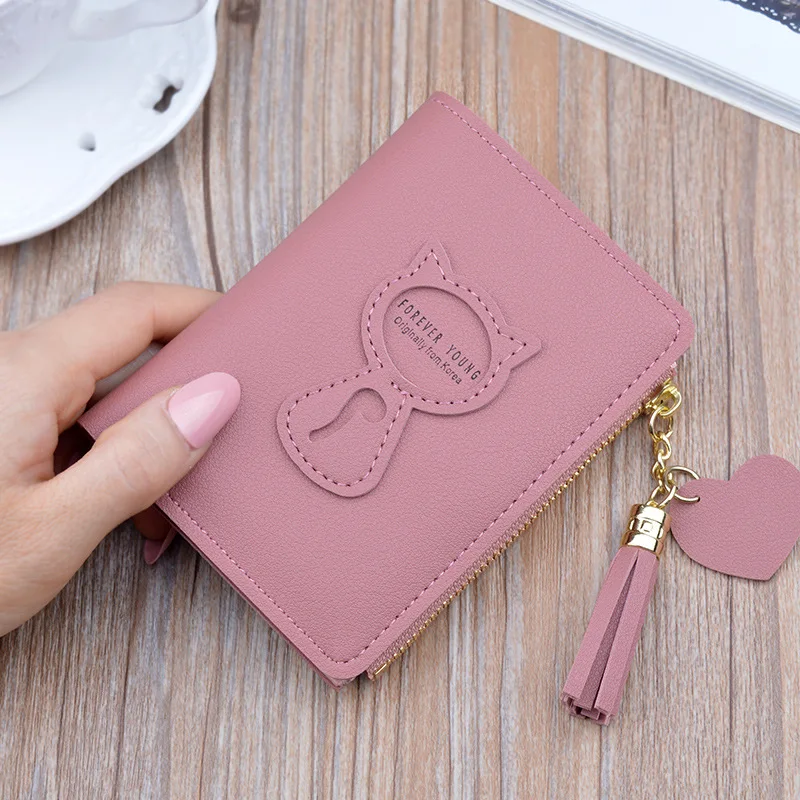 deep pink Женский кошелек, короткий, с кисточками, простой стиль, Женский кошелек, кожаный, с кошкой, мини, на молнии, маленький кошелек, кредитный держатель для карт, кошелек для монет, Cartera - Цвет: deep pink