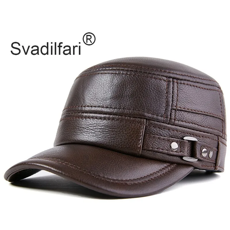 Deep brown Svadilfari осень-зима для взрослых мужчин из натуральной кожи теплая Бейсболка s воловья кожа гладкая Кепка для мужчин среднего возраста бренды кожаные кепки - Цвет: Deep brown