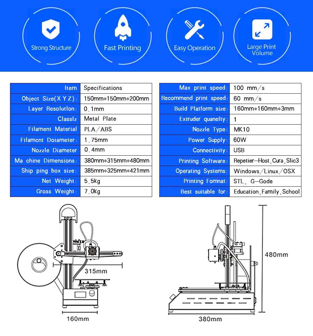 2018 new TT-1s mini Windows 3D printer Fully Assembled supplied with 0.3kg consumables in random colors