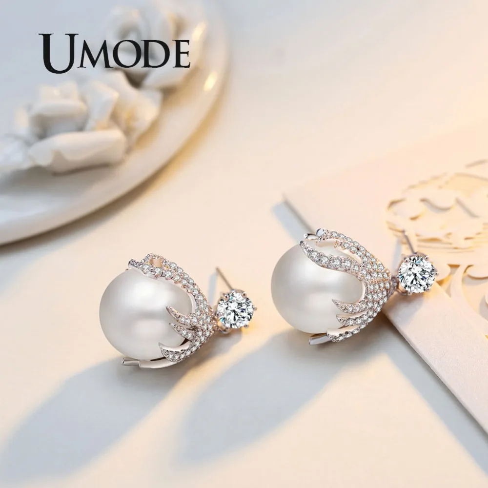 UMODE корейские элегантные Висячие жемчужные белые стразы серьги капли для женщин