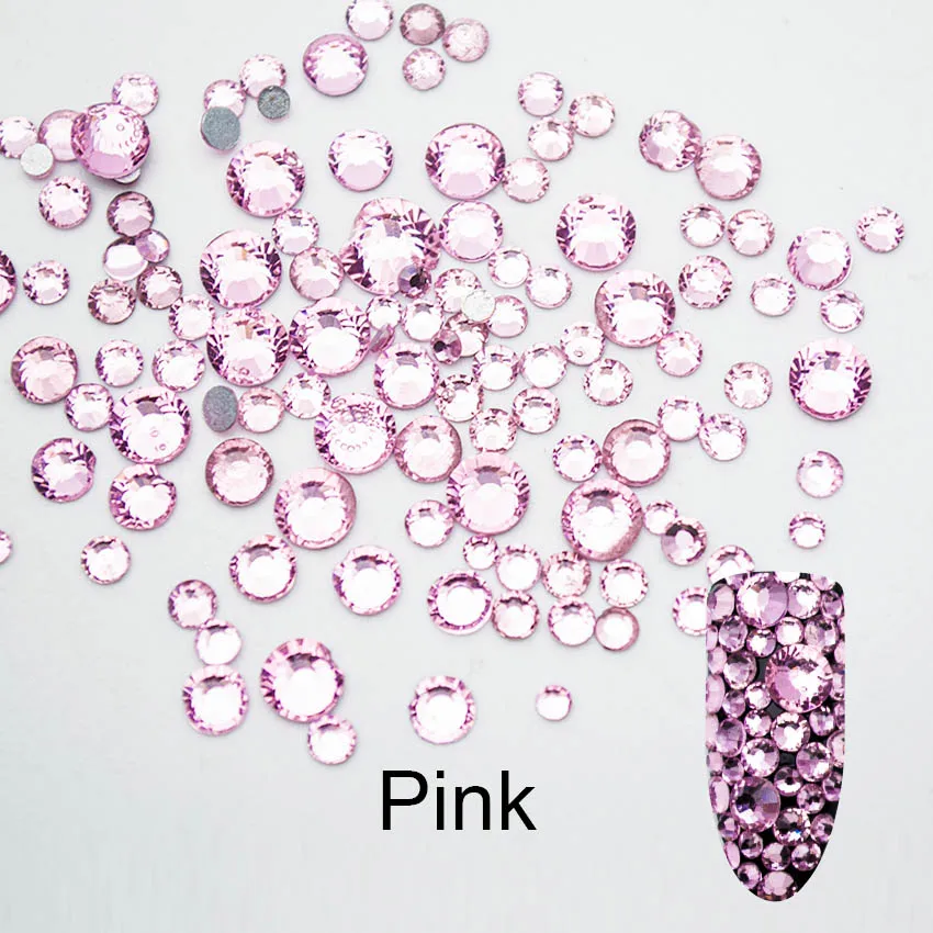 Pink Стеклянные стразы для дизайна ногтей разных SS3-SS20 размеров с плоской задней поверхностью, Стразы для ногтей без горячей фиксации, 3D украшения для ногтей MJZ2106 - Цвет: Pink