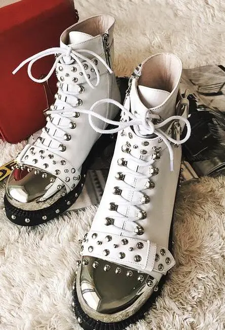 

LoneLinecc New Fashion Black/White Genuine Leather Mid-Calf Shoes Round Toe Square Heel Women's Shoes big size Women's Boots