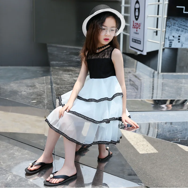 summer lace chiffon dress for 3 - 12 yrs baby girls kids children black white Layered cupcake dresses little beach clothes | Детская