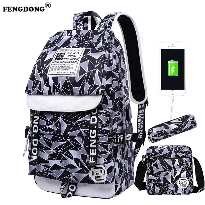 Fengdong Brand Design 2018 Fashion Backpacks Waterproof Nylon Women Backpack Female Geometric for Teenage Girls | Багаж и сумки