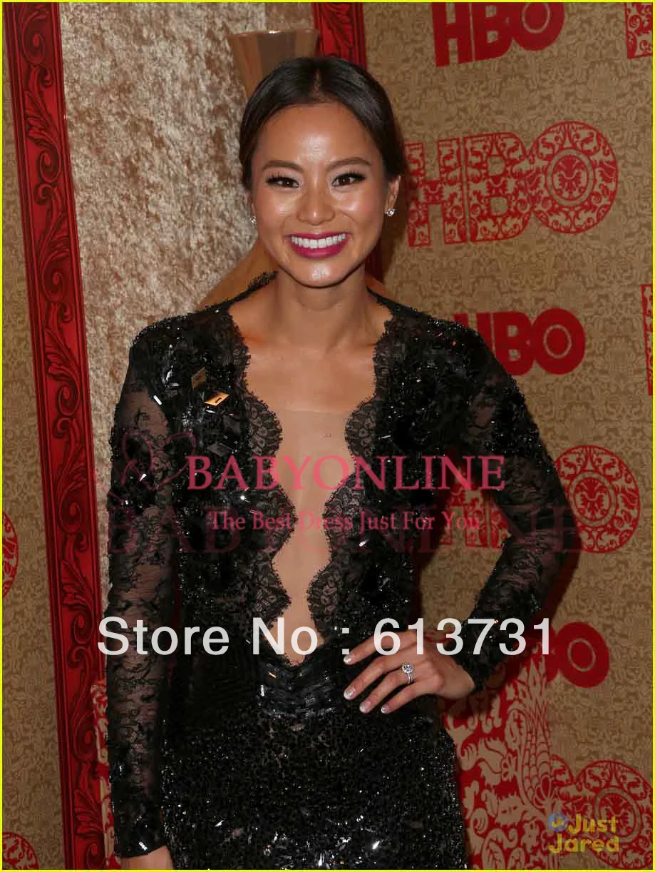 Jamie Chung V Neck Sheer Long Sleeves Side Slit Beads Black Lace 2014 71st Golden Globe Evening Celebrity Red Carpet Dresses | Свадьбы и