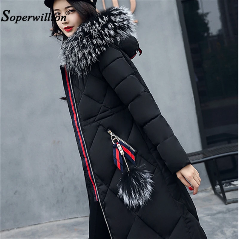 Зимняя куртка Для женщин пальто утепленная парка Slim большой меховой хлопок дамы