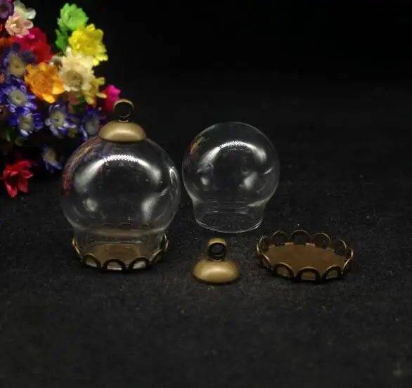 

100sets/lot 20*15mm Glass globe with antique bronze lace tray pendant Glass vial Globe Pendant Necklace glass terrarium necklace