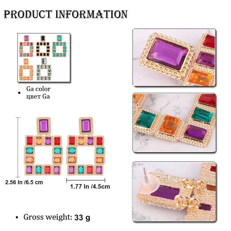 LEADERBEADS Trendy Multicolor Crystal Square Stud Earrings Vintage Geometric Alloy Chandelier Earring Women ZA Statement Jewelry | Украшения