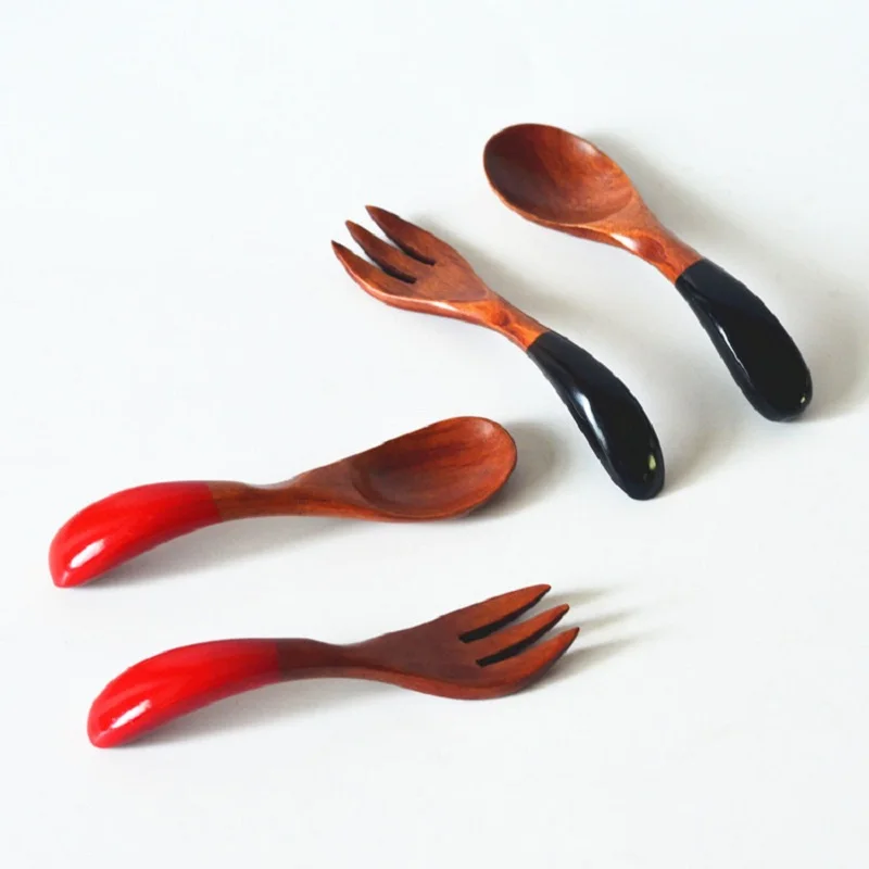 2 Sets Beautiful Twisted Spoon Fork Set Kids Wooden Red Black Curved Baby Dessert Kitchen Dinnerware | Дом и сад