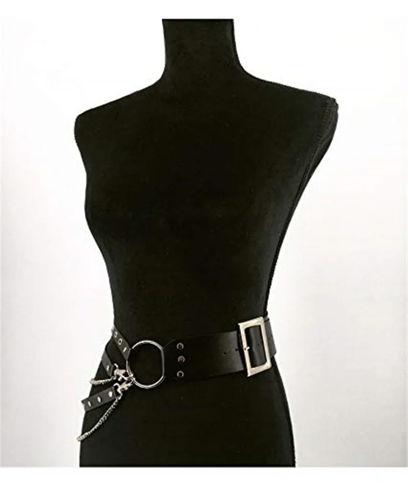 2021 New Punk Gothic Faux Leather Belt Metal Chain Ring Waist Strap Street Dance Decor Long Tassels Pin Buckle trendy