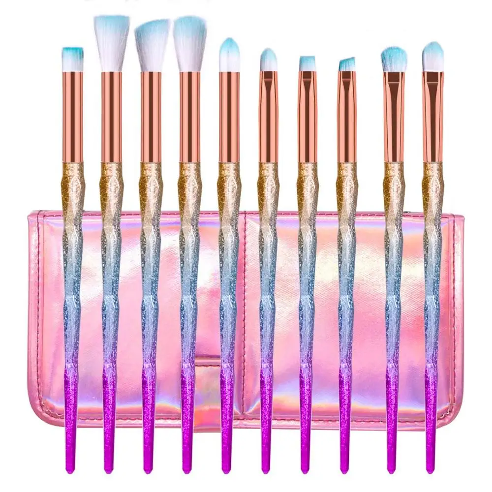 Colorful with Bag SALIYOO 10 шт., набор кистей для макияжа с бриллиантами, тени для век, подводка для глаз, кисть для растушевки лица, косметический инструмент+ розовый чехол-сумочка - Handle Color: Colorful with Bag