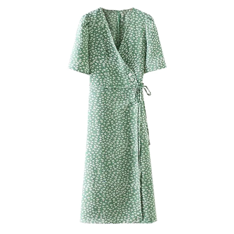 

PERHAPS U French Prairie Chic Flower Print Straight Short Sleeve Deep V Neck Lace-up Wrapped Chest Knee Length Dress D1005