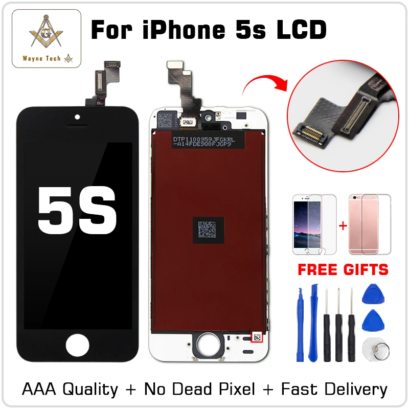 100% новый ЖК-дисплей качества AAA для iPhone 5S экран без битых пикселей с рамкой