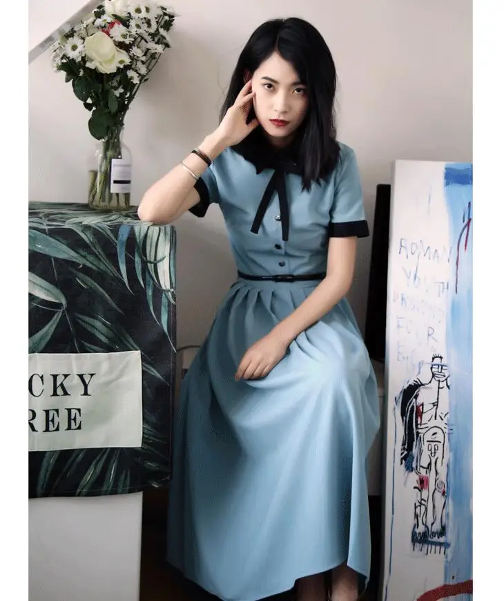 

Preppy Style Girl Bow Midi Dress Blue Shirt Dresses Robe Femme