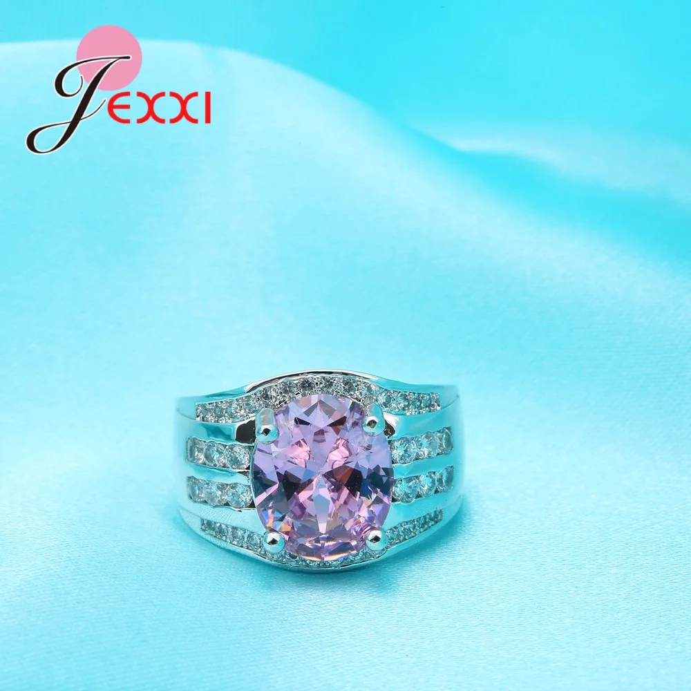 

Simple Fashion 925 Sterling Silver Wide Wedding Ring Women Elegant Party Finger Bijoux Jewelry Sparkly Pink Bague