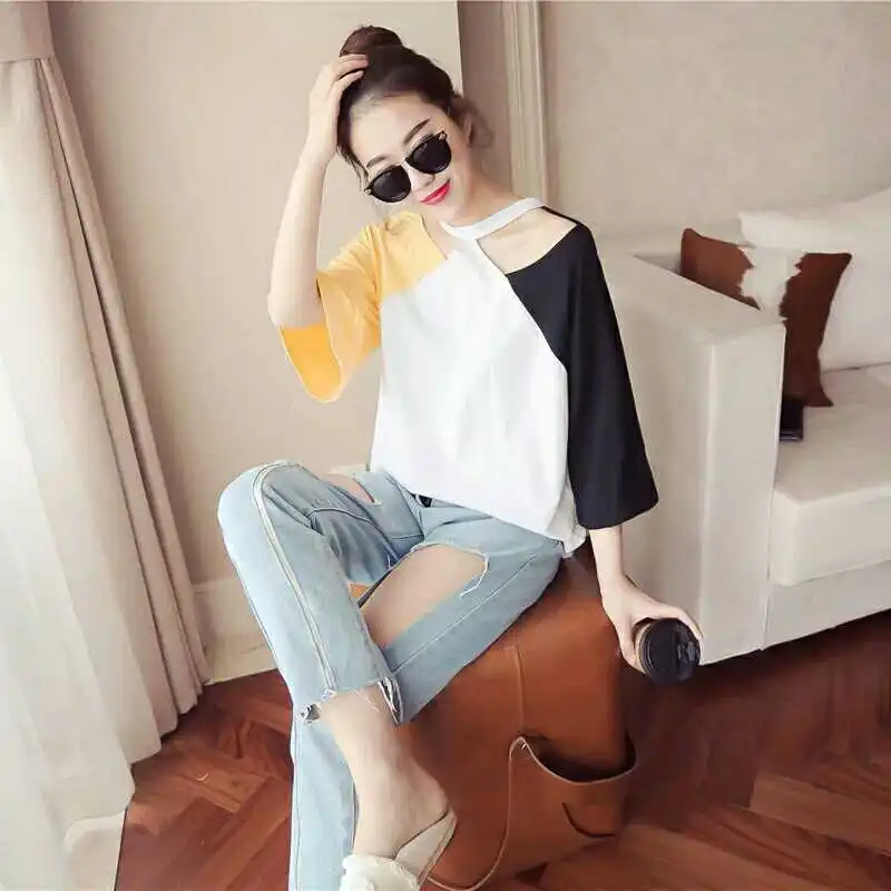 

Short sleeved T-shirts, women's summer wear, new 2018 loose, big fat, mm, shoulder sleeves and half sleeves