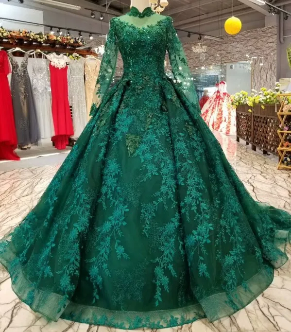 Color as Picture Зеленое винтажное свадебное платье с длинным рукавом и высоким воротником кружевное вышитое бисером разноцветное Элегантное свадебное платье - Цвет: Color as Picture