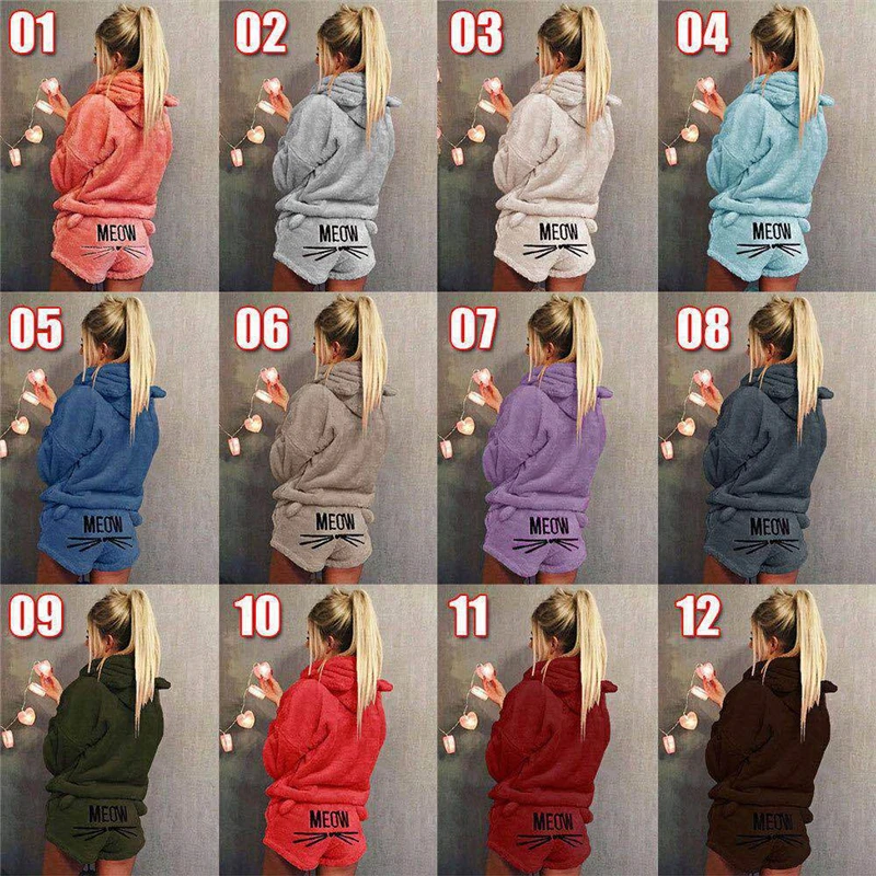 

Women Two Piece Set 2018 New Autumn Winter Pajamas Warm Coral Velvet Suit Sleepwear Cute Cat Pattern Hoodies Shorts Suit L0303