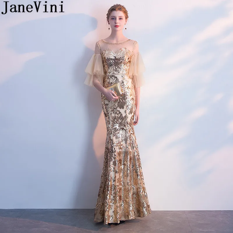 JaneVini золотые платья для выпускного вечера со стразами с длинными рукавами до