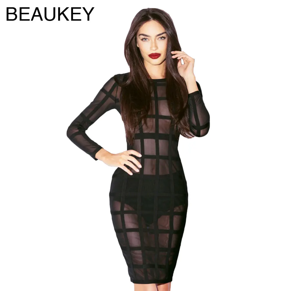 Черное Сетчатое Привлекательное Женское облегающее вискозное платье до колен с
