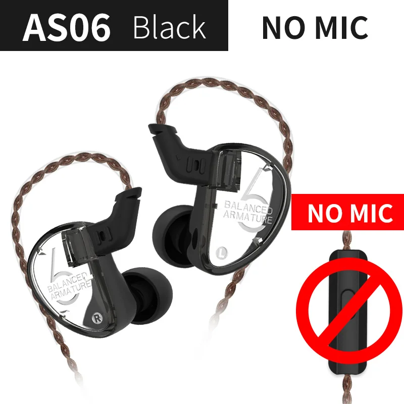 Black no mic KZ AS06 3BA привод в ухо наушник 3 сбалансированная арматура съемный 2-контактный кабель HIFI монитор спортивные наушники Заказные наушники - Цвет: Black no mic