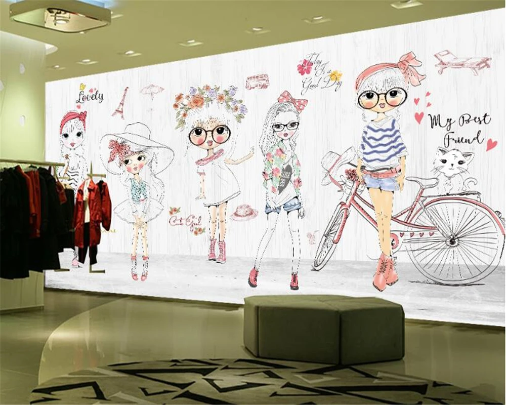 

beibehang Custom fashion personality silky wall paper Hand drawn cartoon girl fashion show backdrop papel de parede 3d wallpaper